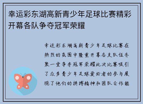 幸运彩东湖高新青少年足球比赛精彩开幕各队争夺冠军荣耀